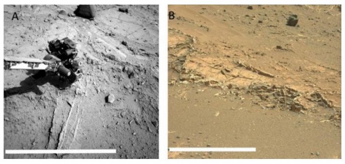 Sulfate veins prominent at Darwin outcrop veins, observed on sol 402 and (right) Garden City image, observed on sol 924. White sulfate veins cut through the surrounding sediments.