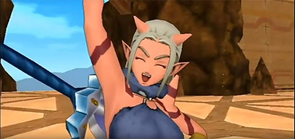 A "Dragon Quest X" character celebrates her victory over a recent battle.