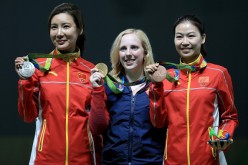 The error on the flag was first seen during the award ceremonies for Du Li (L) winning silver and Yi Siling (R) for bronze at the 10m Air Rifle on Aug. 6, 2016.