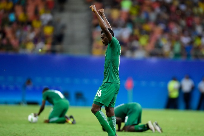 Nigeria celebrates his victory against Sweden during 2016 Summer Olympics match between Sweden and Nigeria at Arena Amazonia on August 7, 2016 in Manaus, Brazil. 