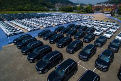 The official cars that will be used for the G20 Summit on Sept. 4-5 are displayed in Hangzhou, Zhejiang Province.