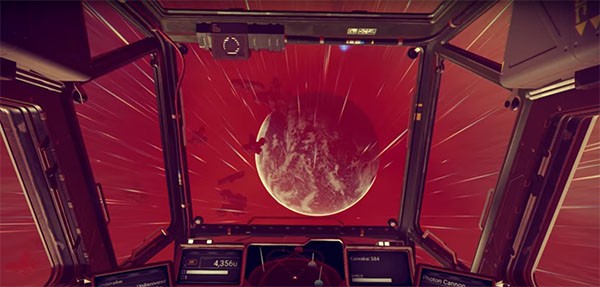 A "No Man's Sky" spaceship uses its hyperdrive feature to jump between worlds.