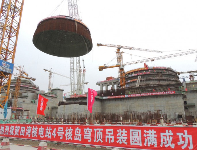 Workers continue with the construction of Tianwan nuclear power station phase II Unit 4 in Lianyungang, Jiangsu Province. The station uses the VVER-1000 nuclear reactor designed by Russia.