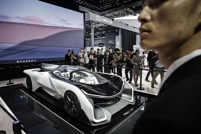 An electric vehicle (EV) sports car made by startup Faraday Future on display at the Beijing International Automotive Exhibition in Beijing in April 2016.