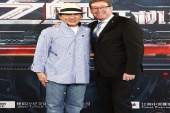 Jackie Chan and Troy Grant pose during a press conference and photocall for Bleeding Steel at Sydney Opera House on July 28, 2016 in Sydney, Australia. 