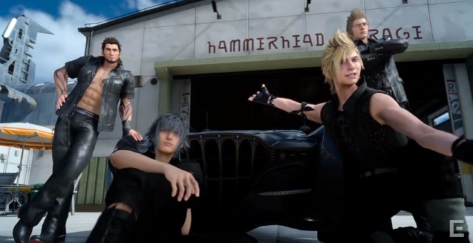 Screen capture from "Final Fantasy" gameplay video featuring the game's four main characters.