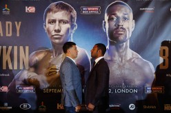 Gennady Golovkin (left) faces off with Kell Brook (right) in their press conference for their September 10 match for the middleweight championship
