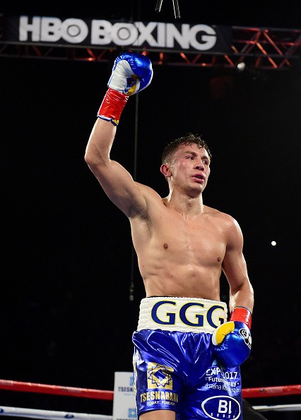 Gennady "GGG" Golovkin, raises his fist into the air after winning via TKO against Dominic Wade last April