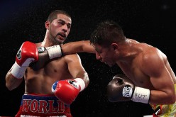 Jessie Vargas (right) punches Sadam Ali in their vacant WBO welterweight title match at the DC Armory on March 5, 2016 in Washington, DC.