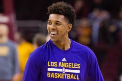 Nick Young warms up prior to the game against the Cleveland Cavaliers at Quicken Loans Arena on February 10, 2016.