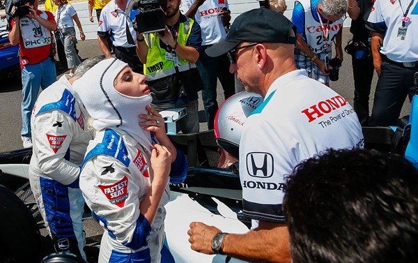 'American Horror Story' star Lady Gaga suits up before her ride during the start of the Indy 500 at the Indianapolis Motor Speedway on May 29, 2016 in Indianapolis, Indiana. 