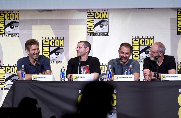 (L-R) Writer/producers David Benioff and D.B. Weiss, director Miguel Sapochnik, and actor Liam Cunningham attend the 'Game Of Thrones' panel during 2016 Comic-Con International.