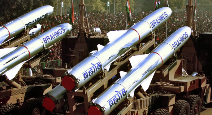 Indian Army BrahMos supersonic cruise missiles on parade.