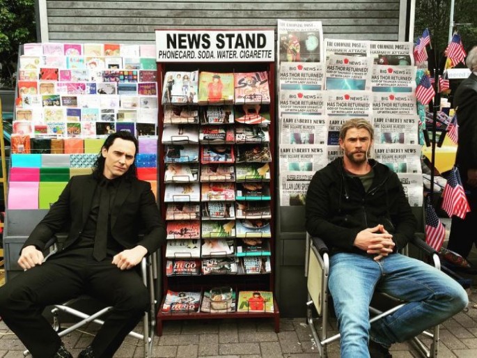 Tom Hiddleston (left) and Chris Hemsworth on the set of "Thor: Ragnarok" in Brisbane, Australia.