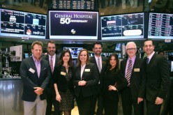 (L-R) Kin Shriner, Ron Carlivati, Finola Hughes, Genie Francis, Jason Thompson, Kelly Monaco and Tony Geary of ABC's soap opera General Hospital ring the opening bell at the New York Stock Exchange on April 1, 2013 in New York City.   