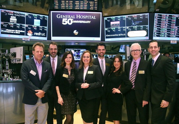 (L-R) Kin Shriner, Ron Carlivati, Finola Hughes, Genie Francis, Jason Thompson, Kelly Monaco and Tony Geary of ABC's soap opera General Hospital ring the opening bell at the New York Stock Exchange on April 1, 2013 in New York City.   
