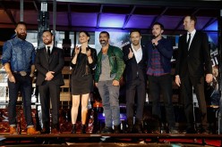 The cast director Eran Creevy, Johnny Palmiero,Christina Hecke, Erdal Yildiz, Aleksandar Jovanovic, Nicholas Hoult and producer Kay Niessen attend the premiere of the film 'Collide' at DRIVE IN Kino on August 1, 2016 in Cologne, Germany. 