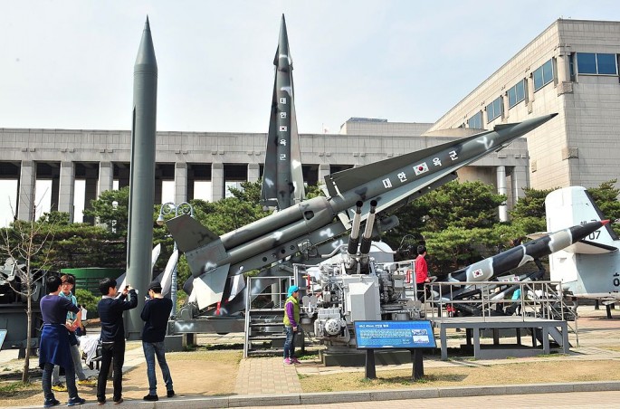 Replicas of North Korean Scud-B missile and South Korean Nike missiles are displayed at the Korean War Memorial in Seoul.