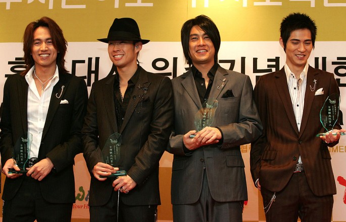 The popular Taiwanese boy band F4, Jerry Yan, Vanness Wu, Ken Chu, and Vic Chou pose for photographers during a news conference at a Lotte Hotel on March 9, 2007 in Seoul, South Korea.