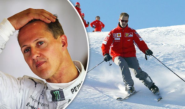 A photo of Michael Schumacher while skiing is displayed along with his photo wearing a uniform.