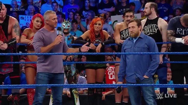 Commissioner Shane McMahon and general manager Daniel Bryan talk to the entire SmackDown Live roster.