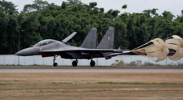 An Indian Air Force Sukhoi Su-30MKI lands at the Pasighat ALG.