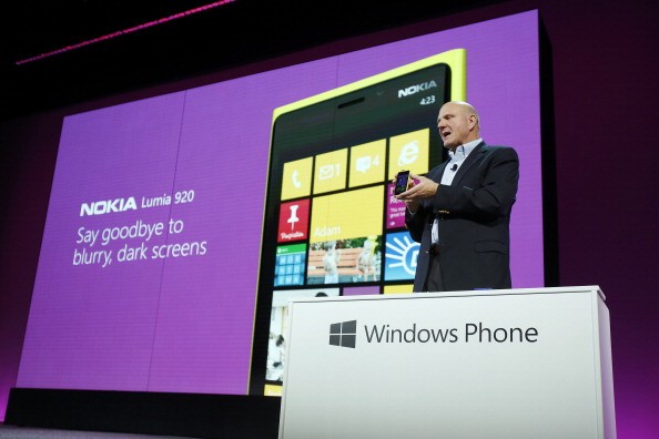 Microsoft CEO Steve Ballmer holds a Nokia Lumia 920 smartphone during a Windows Phone 8 launch event at Bill Graham Civic Auditorium on October 29, 2012 in San Francisco, California.