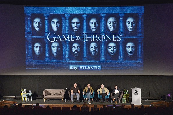 Weapons master Tommy Dunne, comedian Al Murray, actor Ian McElhinney and presenter Sue Perkins during the 'Game of Thrones' panel at the 2016 Advertising Week Europe held in London.