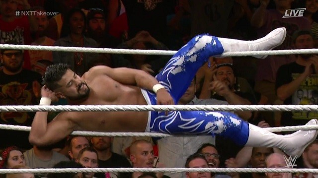 Andrade 'Cien' Almas taunts his opponent during his NXT debut. 