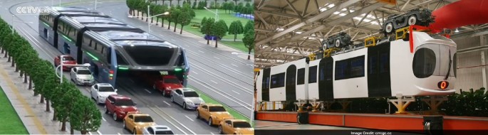 China's new ways to solve its traffic congestion problem are the straddle bus (left) and the sky train (right). 