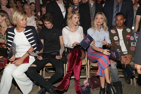 Yolanda Hadid, Anwar Hadid, Taylor Swift, Martha Hunt, and Lewis Hamilton attend the #TOMMYNOW Women's Fashion Show during New York Fashion Week at Pier 16 on September 9, 2016 in New York City.