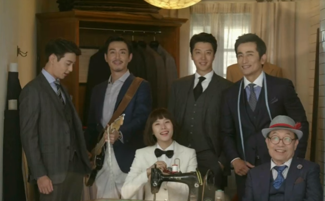 (L-R) Hyun Woo, Choi Won Young, Lee Dong Gun, Cha In Pyo, Jo Hyun Hee (seated) and Shin Goo star in the KBS drama 'The Gentlemen of Wolgyesu Tailor Shop.'