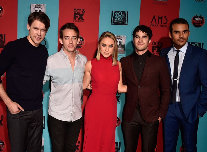 Actors Chord Overstreet, Kevin McHale, Becca Tobin, Darren Criss and Jacob Artist attend FX's 'American Horror Story: Freak Show' premiere screening at TCL Chinese Theatre on October 5, 2014 in Hollywood, California.