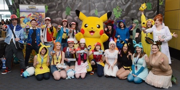 "Pokemon Sun and Moon" fans wearing Pikachu shaped sun visors celebrate the Pikachu Outbreak event hosted by the Pokemon Company.