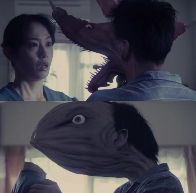 As the face of a man horrifyingly changes (top), bewilderment strikes a woman before her head gets gobbled up, scenes from the Japanese sci-fi horror, “Parasyte,” released in China in September.