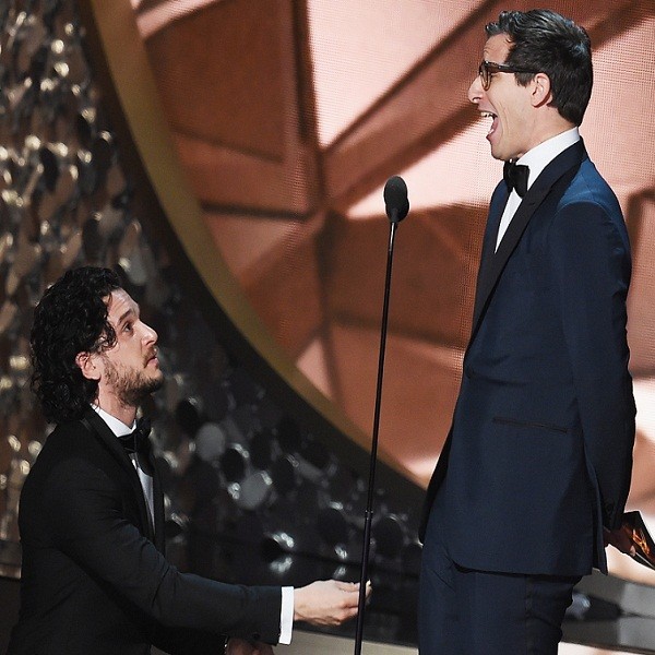 Actors Kit Harington (L) and Andy Samberg speak onstage during the 68th Annual Primetime Emmy Awards at Microsoft Theater on September 18, 2016 in Los Angeles, California.