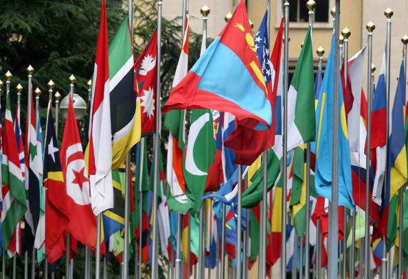 The flags represent all nations in the UN headquarters in Geneva.
