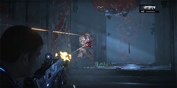 "Gears of War 4" protagonist J.D. Fenix fires multiple rounds at his enemies to repel an ambush.