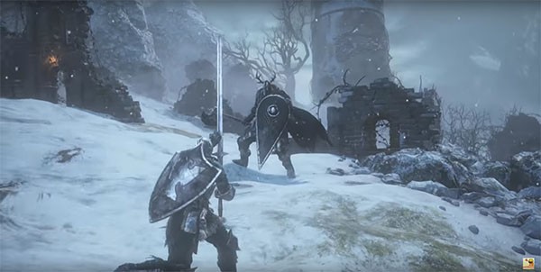 A "Dark Souls 3" protagonist fights off a shielded enemy to get across his destination.