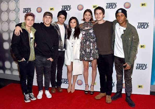 Actors Dylan Sprayberry, Cody Christian, Tyler Posey, Arden Cho, Shelley Hennig, Dylan O'Brien and Khylin Rhambo attend the MTV Teen Wolf Los Angeles premiere party at Dave & Busters on December 20, 2015 in Hollywood, California. 