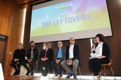 (L-R) Ann Dowd, Justin Theroux, Mimi Leder, Tom Perrotta, Damon Lindelof, and Jen Chang speak onstage during the Inside The Leftovers panel discussion at the Vulture Festival The Standard at The Standard on May 22, 2016 in New York City. 