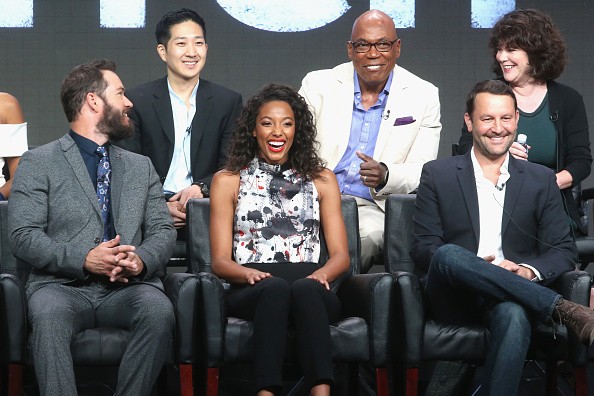 Tim Jo, Paris Barclay, Helen Bartlett, Mark-Paul Gosselaar, Kylie Bunbury and Dan Fogelman speak onstage at the 'Pitch' panel discussion during the FOX portion of the 2016 TCA summer tour. 