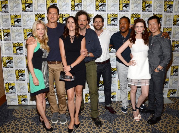 Actress Claire Coffee, actor Sasha Roiz, actress Bree Turner, actors Silas Weir Mitchell, David Giuntoli and Russell Hornsby, actress Bitsie Tulloch and actor Reggie Lee attend NBC's 'Grimm' press line during Comic-Con International 2013 at the Hilton San