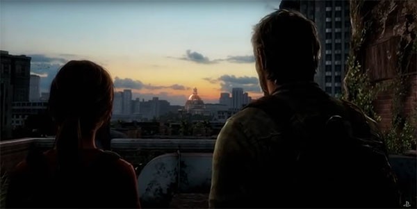 "The Last of Us" protagonists Joel and Ellie watch the post-apocalyptic view from a rooftop.