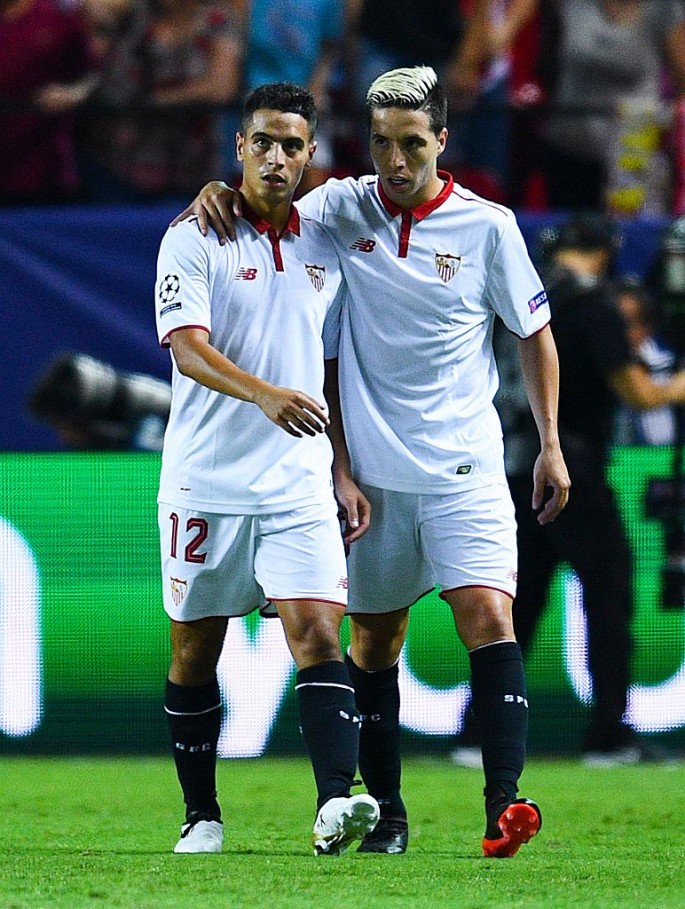 Sevilla players Wissam Ben Yedder (L) and Samir Nasri.