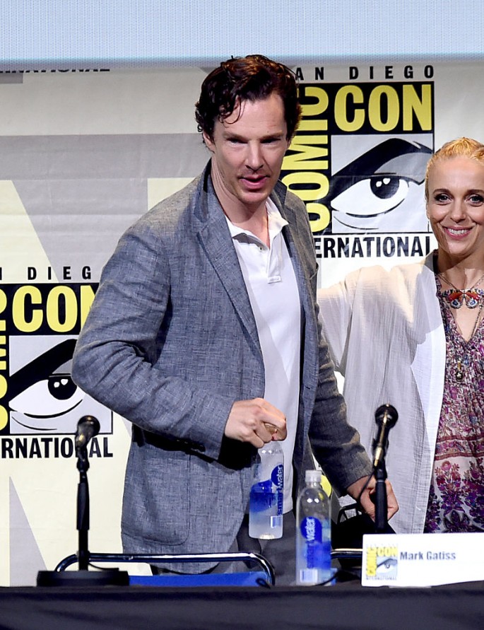 Benedict Cumberbatch (L) and Amanda Abbington attend the 'Sherlock' panel during Comic-Con International 2016 held on July 24, 2016 in San Diego, California.