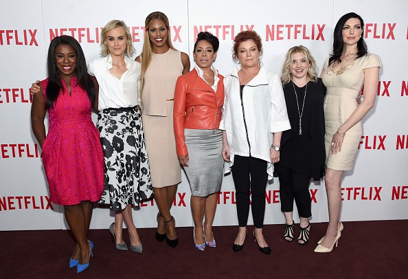 Actresses Uzo Aduba, Taylor Schilling, Laverne Cox, Selenis Leyva, and Kate Mulgrew, casting director Jennifer Euston, and actress Laura Prepon attend the 'Orange Is The New Black' FYC screening at DGA Theater on August 11, 2015 in New York City. 