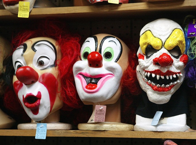 Clown masks are displayed at the Fantasy Costumes HDQ. store Oct 17, 2003 in Chicago, Illinois.  