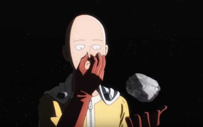 Saitama the main character of One Punch Man holding a rock as seen in one of the episodes in One Punch Man Season 1. 
