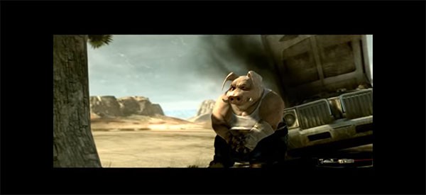 A "Beyond Good and Evil 2" Pig character is stranded in the middle of the desert with a broken vehicle.